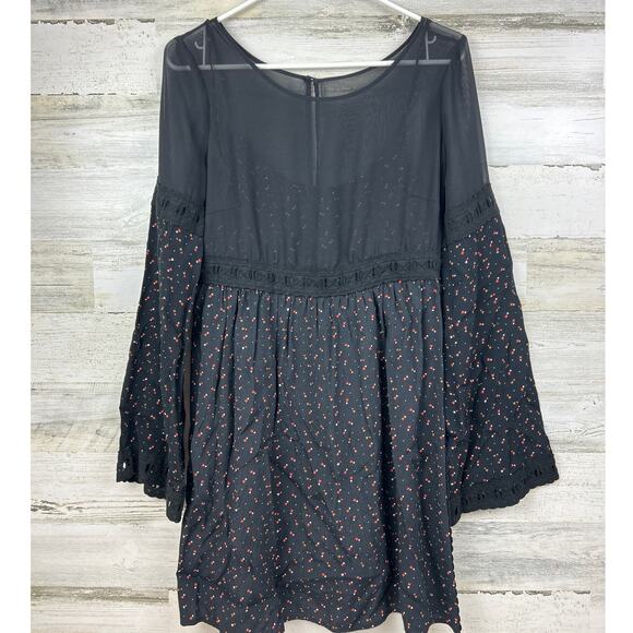 Free People womens 4 Black geometric babydoll tunic mini dress boho - Picture 1 of 7